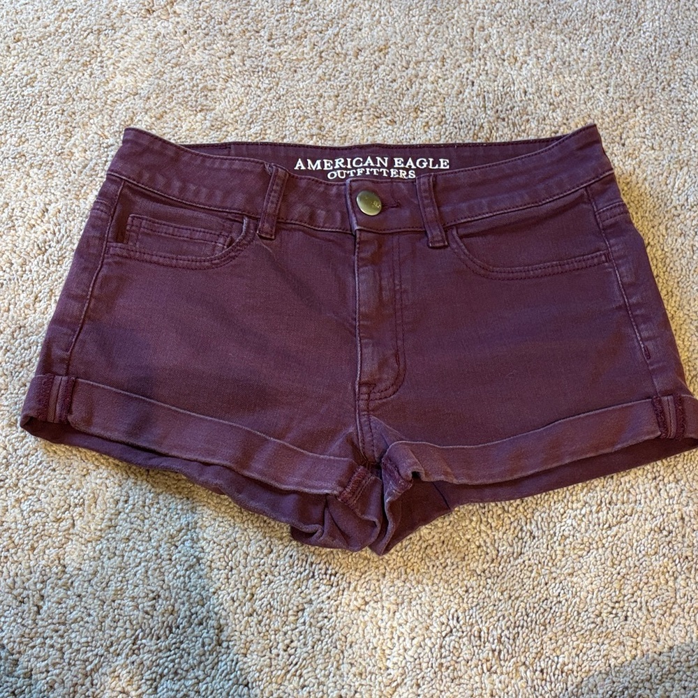 American Eagle Outfitters Burgundy Roll-Hem Denim Shorts